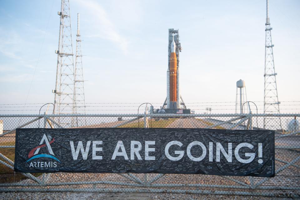 NASA's Space Launch System (SLS) rocket with the Orion spacecraft aboard is seen on a mobile launcher at Launch Pad 39B on Wednesday, August 17, 2022, after being launched on the launch pad at NASA's Kennedy Space Center in Florida.