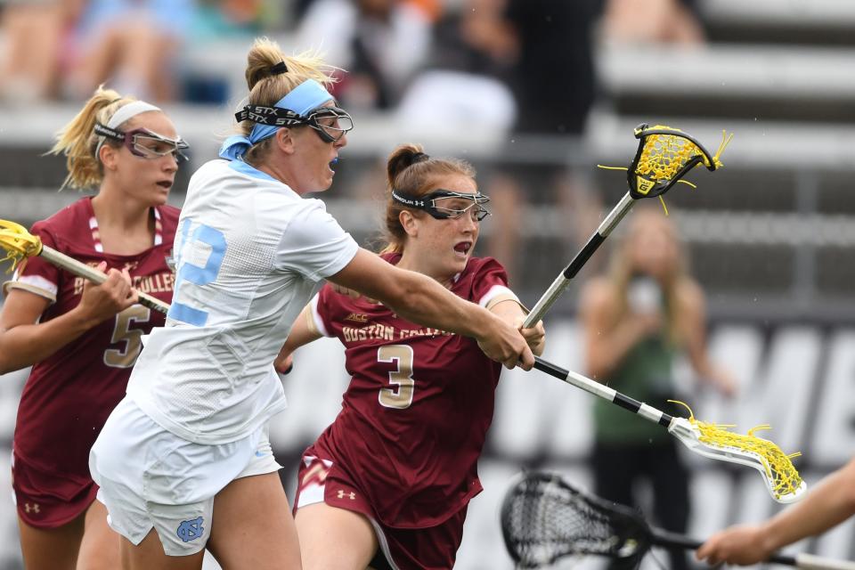 May 28, 2021; Towson, Maryland, USA;   Ally Mastroianni #12 of the North Carolina takes a shot in first half during a semi final NCAA Women’s Lacrosse Championship agains the Boston College at Johnny Unitas Stadium. Mandatory Credit: Mitchell Layton-USA TODAY Sports