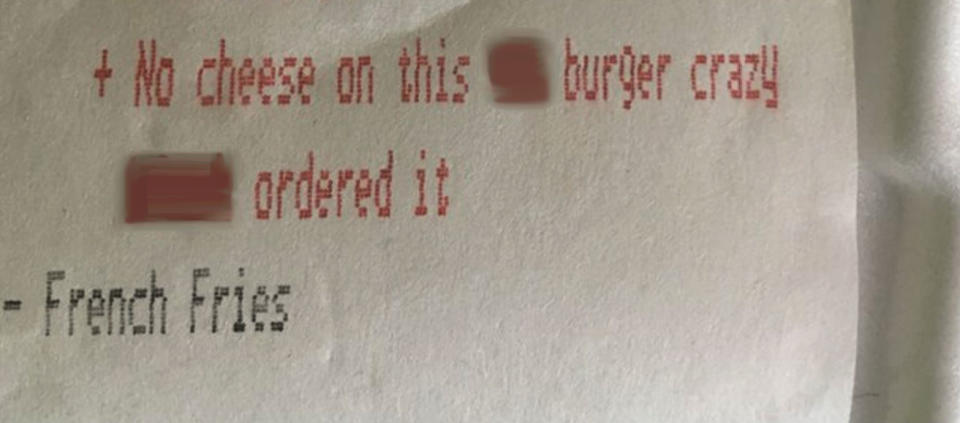 A woman claims that an employee wrote “crazy b****” on a receipt after she ordered a burger without cheese. Photo: Facebook/Jessica Marie