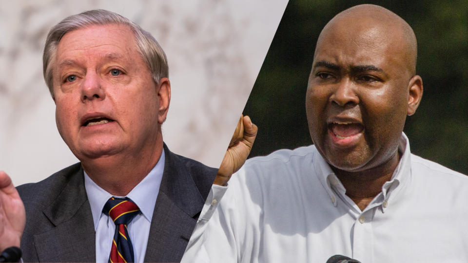 Senate Judiciary Chairman Lindsey Graham (R-SC) /Jaime Harrison, a Democratic U.S. Senate candidate (Demetrius Freeman/AFP via Getty Images; Micah Green/Bloomberg via Getty Images)