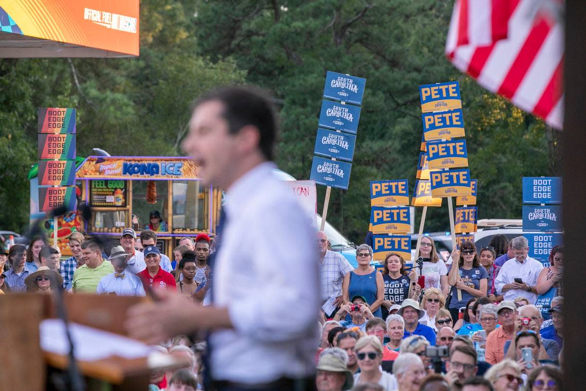 Mayor Pete Buttigieg, of South Bend, Indiana, speaks to hundreds gathered at the Galivant’s Ferry General Merchandise store for the historic democratic stump meeting that has been held on these grounds in Horry County since 1876. Democratic candidates for the 2020 election including Senator Amy Klobuchar, Mayor Pete Buttigleg, former Vice President Joe Biden and Mayor Bill deBlasio spoke at this year’s event. Monday Sept. 16, 2019.