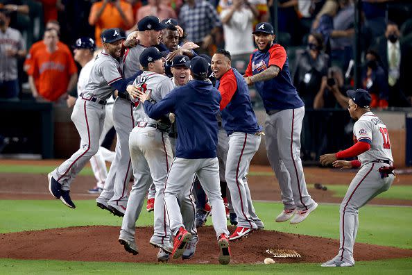 HOUSTON, TEXAS - NOVEMBER 02:  The Atlanta Braves celebrate their 7-0 victory against the Houston Astros in Game Six to win the 2021 World Series at Minute Maid Park on November 02, 2021 in Houston, Texas. (Photo by Tom Pennington/Getty Images)