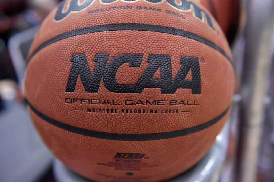 The NCAA logo is shown on a basketball. (G Fiume/Maryland Terrapins/Getty Images)