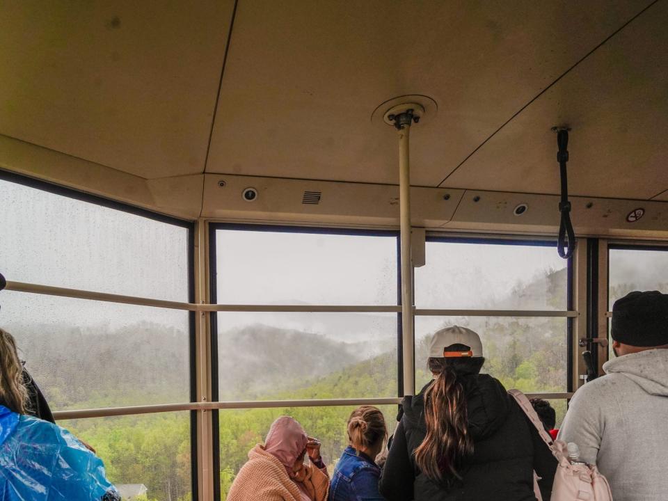 An obstructed view of the mountains from the tram.