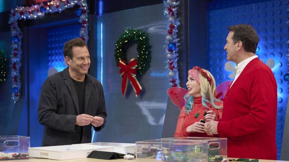 “Lego Masters” host Will Arnett, left, became friends with Rob Riggle when they were starting off in comedy in the 1990s. In the “Celebrity Holiday Bricktacular,” Riggle is paired with season one contestant Krystle Starr.