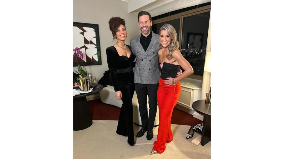 Helen Skelton posing for a photo with Gethin Jones and Michelle Ackerley