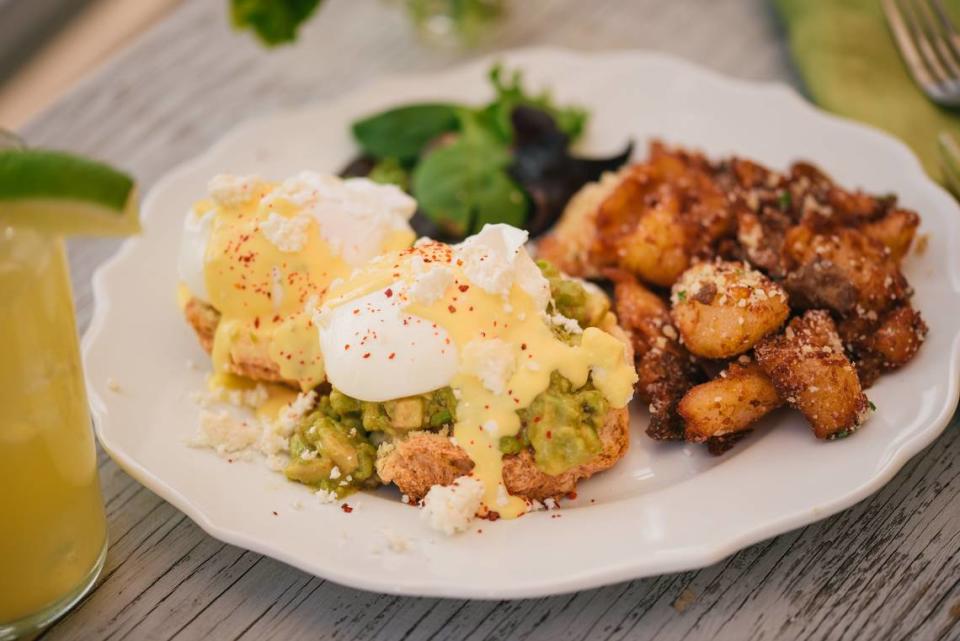 Tupelo Honey has three versions of eggs Benedict on the brunch menu, including All I “Avo” Wanted, made with smashed avocado and feta cheese. All their versions are served on a buttermilk biscuit with a side of Parmesan rosemary potato cracklins and pickled red onions.