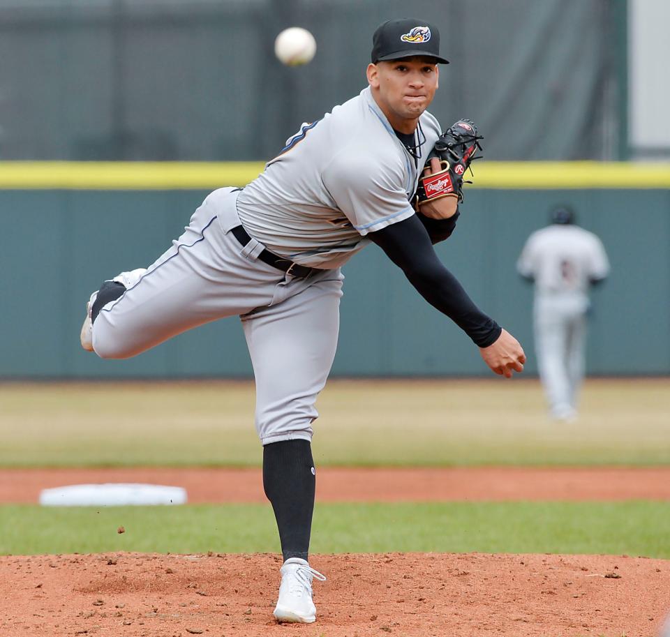 Akron RubberDucks pitcher Daniel Espino warms up between innings against the Erie SeaWolves at UPMC Park in Erie on April 9, 2022.