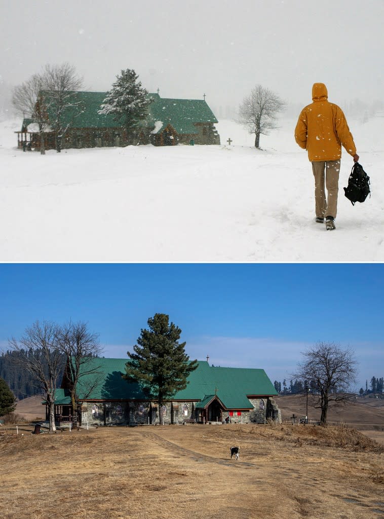 克什米爾往年冬季總有積雪，今年卻是缺雪的暖冬，對照起來差異頗大。美聯社