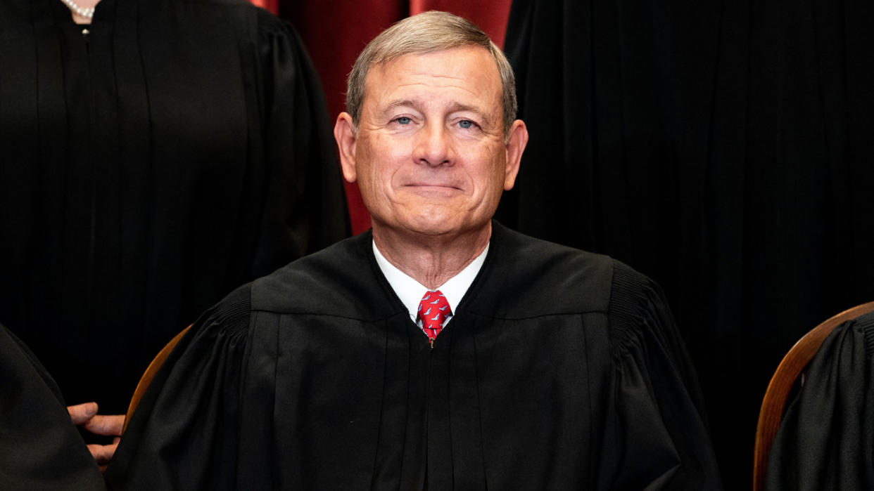 Chief Justice John Roberts sits during a group photo of the Justices at the Supreme Court in Washington, DC on April 23, 2021. (Erin Schaff/AFP via Getty Images)