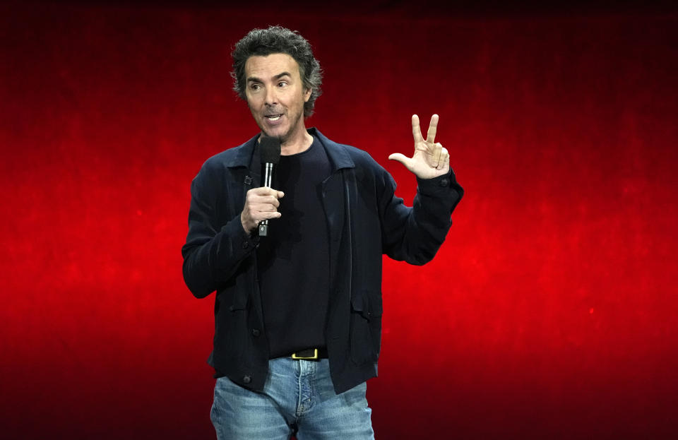 Shawn Levy, director of the upcoming film "Deadpool & Wolverine," discusses the film during the Walt Disney Studios presentation at CinemaCon 2024, Thursday, April 11, 2024, at Caesars Palace in Las Vegas. (AP Photo/Chris Pizzello)