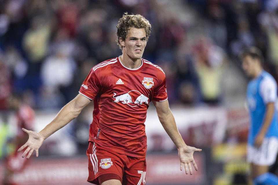 New York Red Bulls forward Tom Barlow celebrates his goal against Charlotte FC during an MLS soccer match Wednesday, Oct. 25, 2023, in Harrison, N.J. (AP Photo/Eduardo Munoz Alvarez)