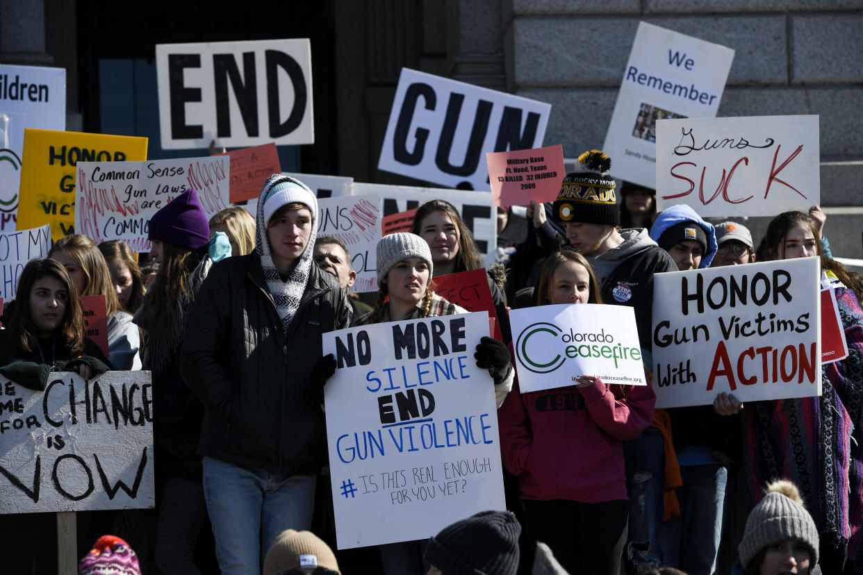 Anti-gun violence protesters in Colorado&nbsp;on Feb. 21, 2018.&nbsp;Boulder, Colorado, voted unanimously this week to ban assault weapons and high-capacity magazines. (Photo: Aaron Ontiveroz/Getty Images)