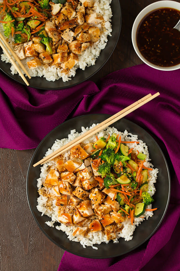 grilled chicken, rice, and veggies