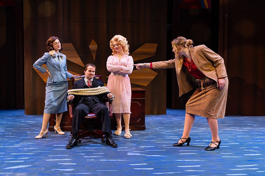 From left: Kailey Souder as Judy Bernly, Tres Allison as Franklin Hart Jr., Caroline Bowers as Doralee Rhodes and Phoebe Mock as Violet Newstead in the Otterbein University departments of Theatre & Dance and Music's production of “9 to 5: The Musical.”