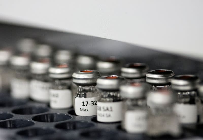 Urine samples from athletes are lined up for steroid profiling at the Doping Control Laboratory at the National Institute of Scientific Research Centre (INRS) Institute Armand-Frappier in Laval