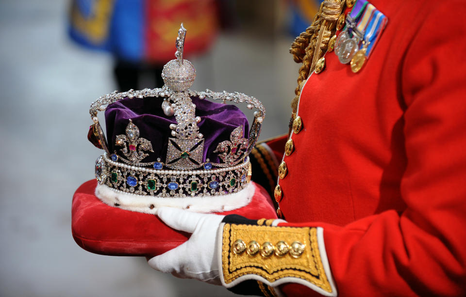 The Imperial State Crown arrives at Westminster for Queen Elizabeth ll to wear at the State Opening of Parliament in central London.