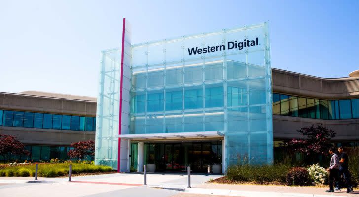 photo of glass Western Digital (WDC) company building with black letter logo on front face