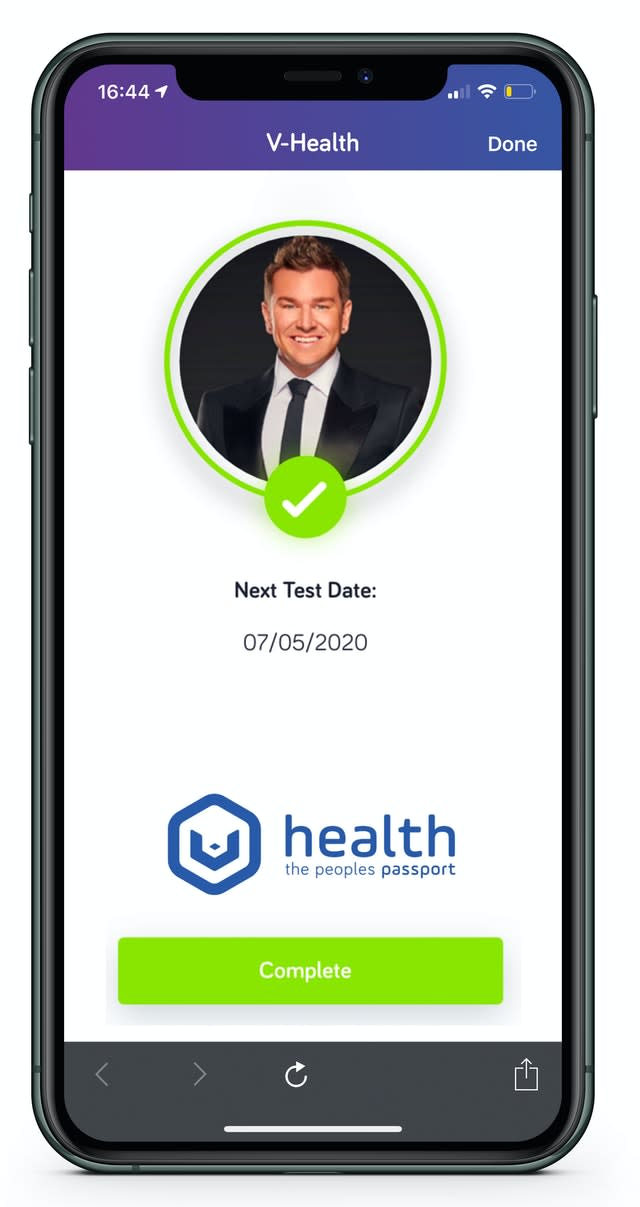 An example of what the digital health passport would like on a mobile phone