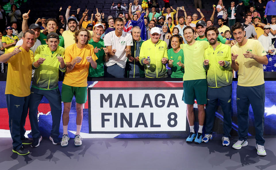 Lleyton Hewitt and the Aussie players, pictured here after advancing to the Davis Cup finals. 