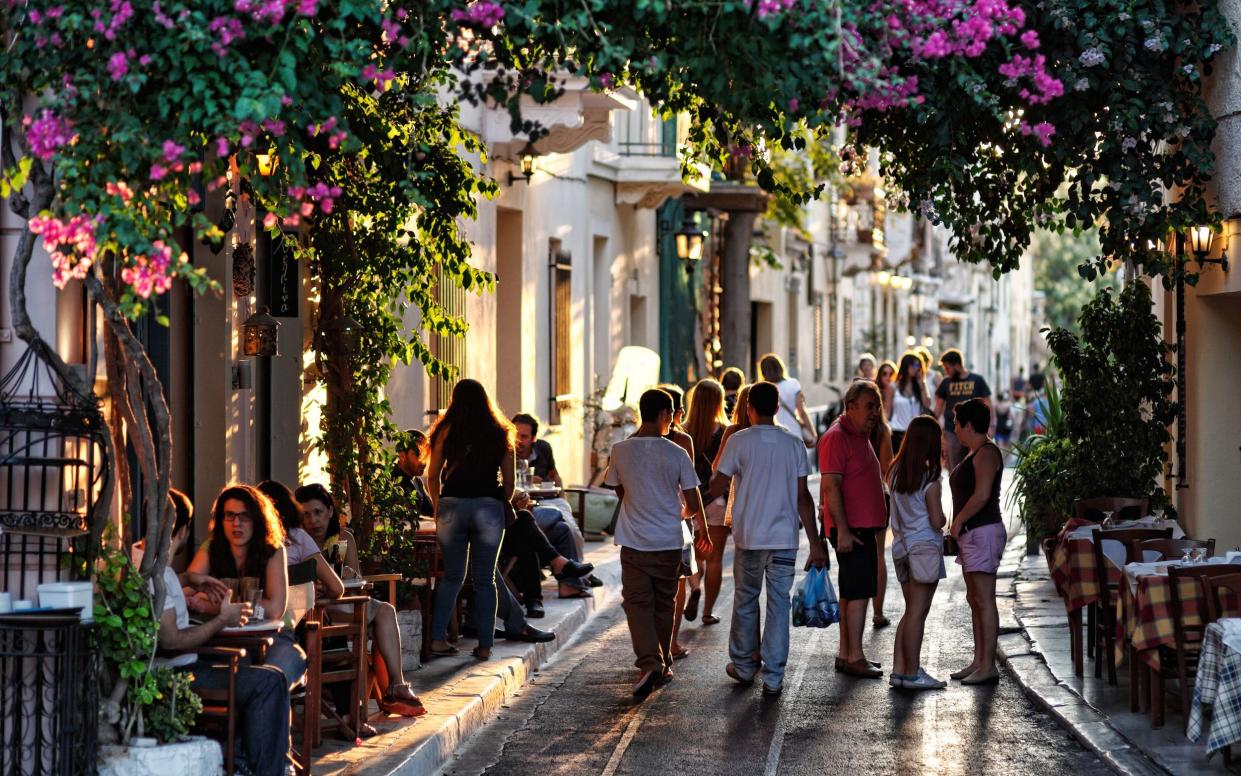 Crowded streets of Plaka in Athens, Greece