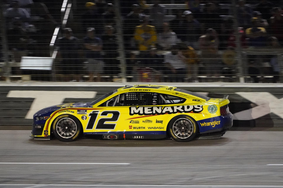 Ryan Blaney (12) drives during the NASCAR All-Star auto race at Texas Motor Speedway in Fort Worth, Texas, Sunday, May 22, 2022. (AP Photo/Larry Papke)