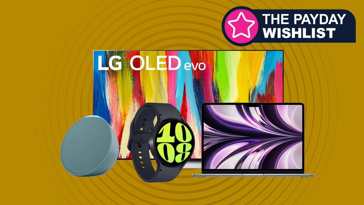  LG C2 OLED, MacBook Air M2, Galaxy Watch 6 and Echo Pop on a yellow background 