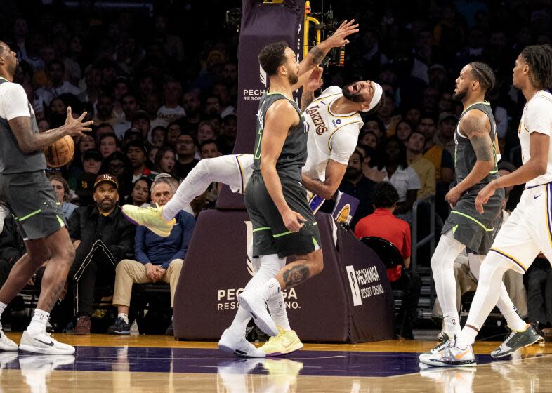 LOS ANGELES, CA - APRIL 7, 2024: Los Angeles Lakers forward Anthony Davis (3) reacts.