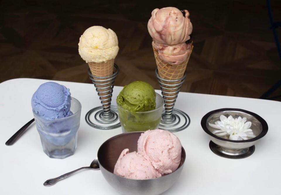 Vegan ice cream flavors like (left to right) Blue Butterfly (organic coconut base, blue butterfly flower tea and almond extract), Sweet Corn (oat milk base, sweet corn and sea salt), Strawberry (organic coconut cream base with strawberry puree), Matcha (oat milk base with authentic Japanese matcha), and Cashew Cherry Bourbon (cashew butter base with Bordeaux cherries and cooked Bourbon), from Cookman Creamery in Asbury Park.