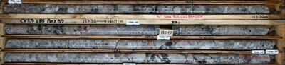 Figure 6: Centimetre to decimetre size spodumene crystals with feldspar and smoky quartz in drill hole CV23-285, at approximately156 m to 161 m depth (TOP) and 166 m to 168 m depth (BOTTOM), grading 3+% Li2O over the respective interval.