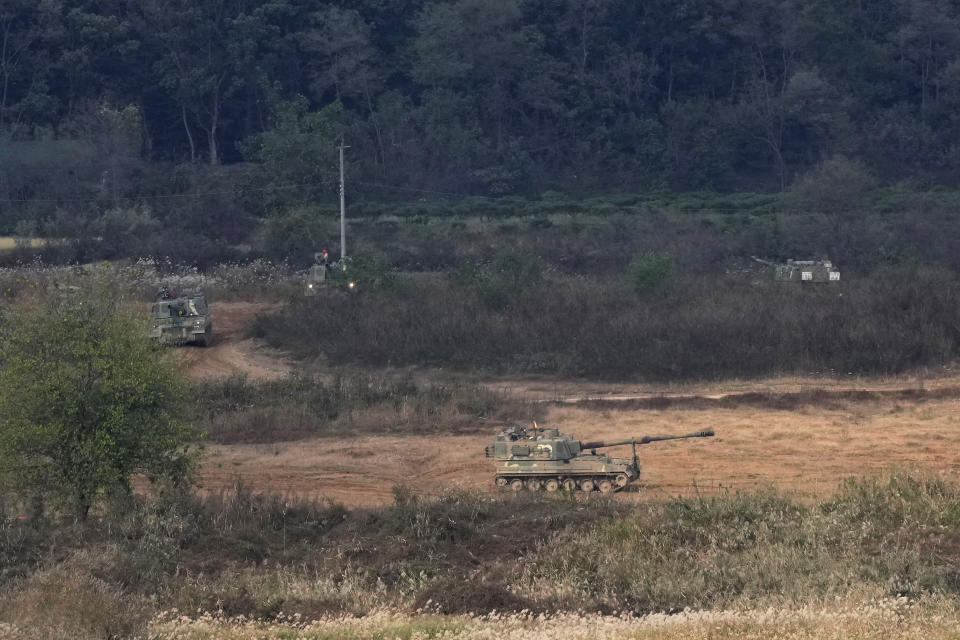 South Korean army K-9 self-propelled howitzers move in Paju, near the border with North Korea, South Korea, Tuesday, Oct. 19, 2021. North Korea on Tuesday fired at least one ballistic missile into the sea in what South Korea’s military described as a weapon likely designed for submarine-based launches, marking possibly the most significant demonstration of the North’s military might since President Joe Biden took office.(AP Photo/Ahn Young-joon)