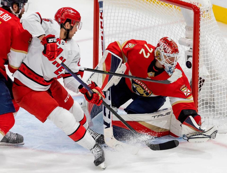 Florida Panthers goaltender Sergei Bobrovsky (72) blocks a shot from <a class="link " href="https://sports.yahoo.com/nhl/teams/carolina/" data-i13n="sec:content-canvas;subsec:anchor_text;elm:context_link" data-ylk="slk:Carolina Hurricanes;sec:content-canvas;subsec:anchor_text;elm:context_link;itc:0">Carolina Hurricanes</a> center <a class="link " href="https://sports.yahoo.com/nhl/players/3980/" data-i13n="sec:content-canvas;subsec:anchor_text;elm:context_link" data-ylk="slk:Jordan Staal;sec:content-canvas;subsec:anchor_text;elm:context_link;itc:0">Jordan Staal</a> (11) in the third period of Game 3 of the NHL Stanley Cup Eastern Conference finals series at the FLA Live Arena on Monday, May 22, 2023 in Sunrise, Fla. MATIAS J. OCNER/mocner@miamiherald.com