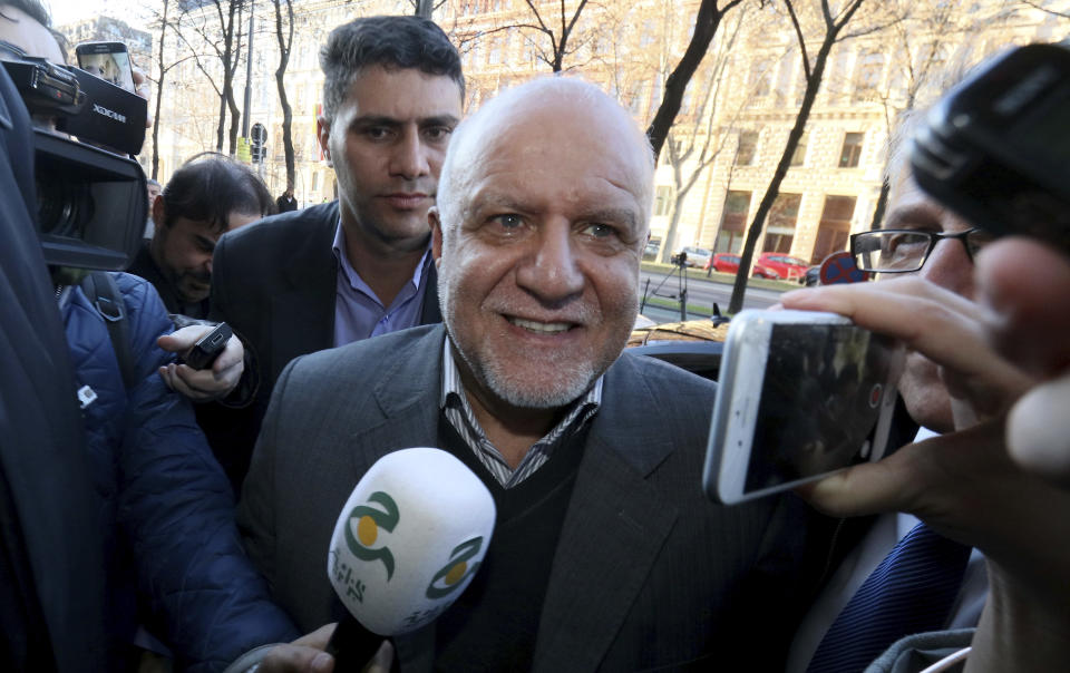 Iran's Minister of Petroleum Bijan Namdar Zangeneh speaks to journalists at a hotel in Vienna, Austria, Tuesday Nov. 29, 2016. (AP Photo/Ronald Zak)