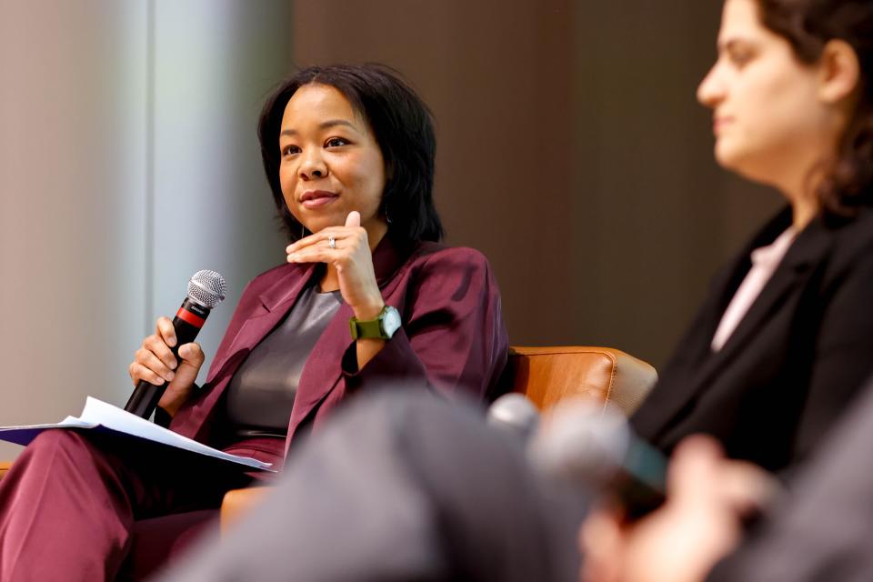 Tamya Cox-Toure, with the ACLU of Oklahoma, speaks during a Tuesday Interfaith Impact Lunch at the First Americans Museum in Oklahoma City.