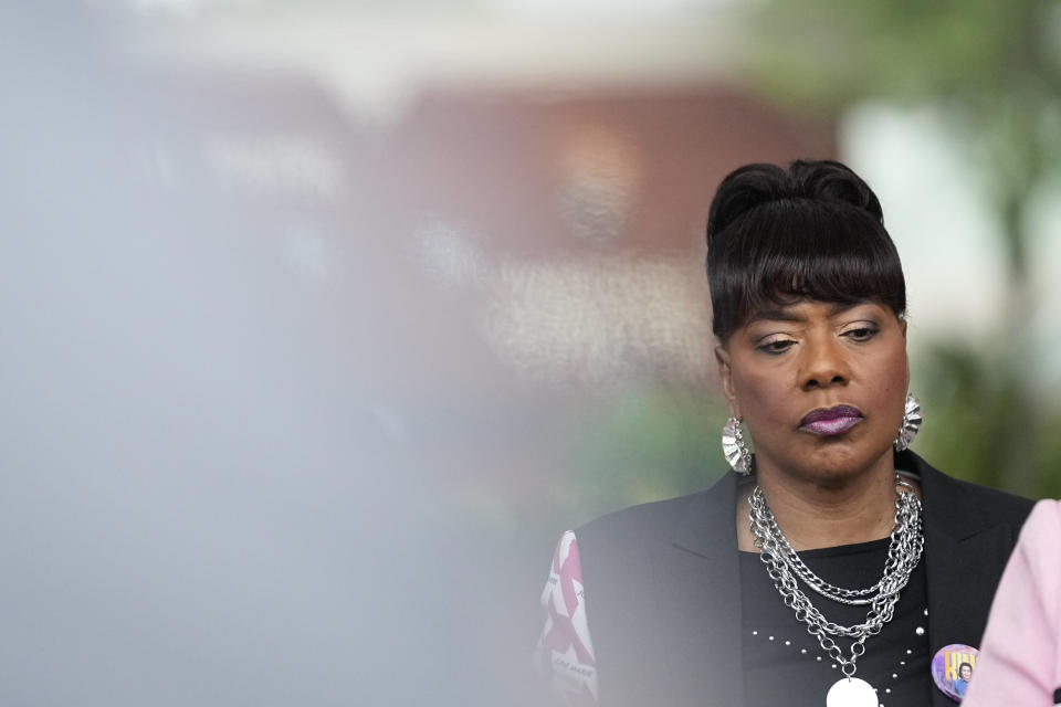 The Rev. Bernice King, daughter of the Rev. Martin Luther King Jr. and Coretta Scott King, speaks during the dedication of the Coretta Scott King Peace and Meditation Garden and monument on Thursday, April 27, 2023, in Atlanta. (AP Photo/Brynn Anderson)