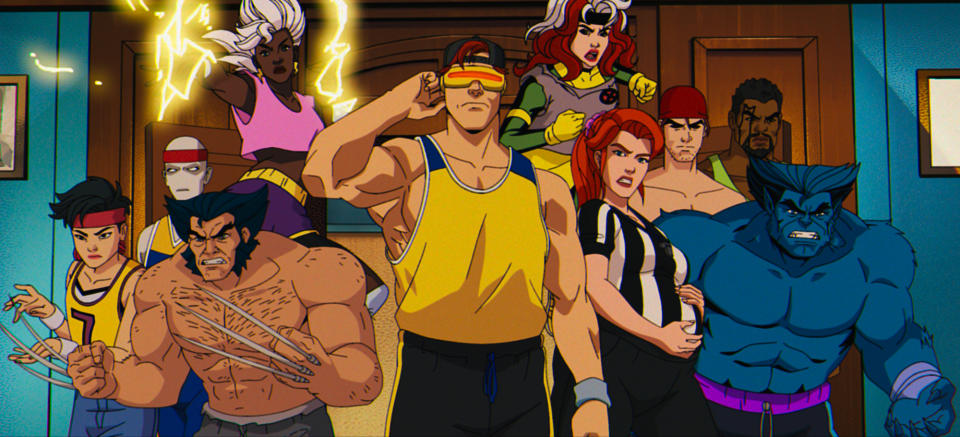 Jubilee (Holly Chou), Morph (JP Karliak), Wolverine (Cal Dodd), Storm (Alison Sealy-Smith), Cyclops (Ray Chase), Rogue (Lenore Zann), Jean Grey (Jennifer Hale), Gambit (AJ LaCascio), Bishop (Isaac Robinson-Smith), and Beast (George Buza) in X-Men '97. (Image: Disney+ & Marvel Animation)
