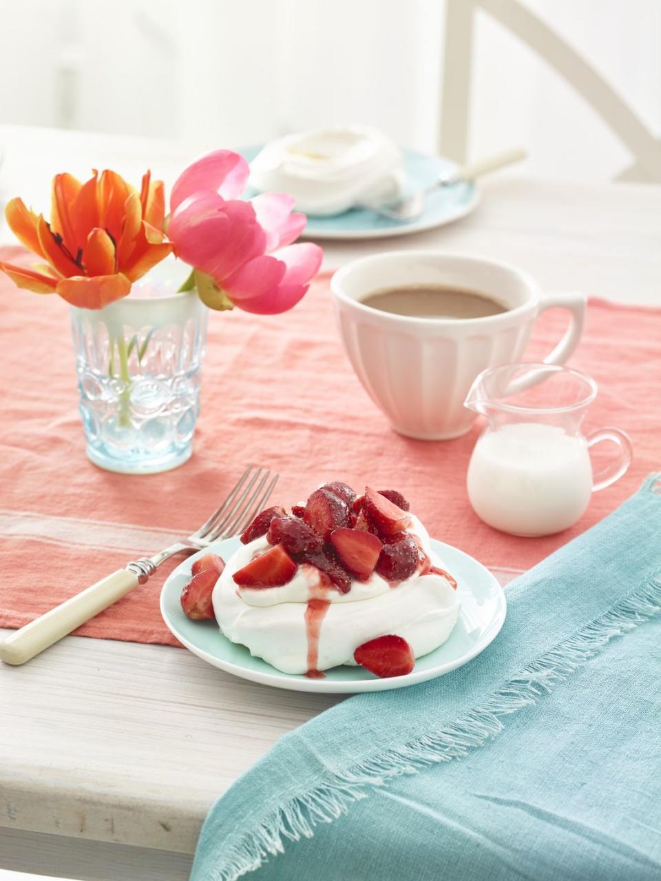 <p>These delicate meringue swirls will give your Easter meal an elegant touch. </p><p>Get the <strong><a href="https://www.womansday.com/food-recipes/food-drinks/recipes/a54431/pavlovas-with-strawberries-and-cream-recipe/" rel="nofollow noopener" target="_blank" data-ylk="slk:Pavlovas with Strawberries and Cream recipe.;elm:context_link;itc:0;sec:content-canvas" class="link ">Pavlovas with Strawberries and Cream recipe. </a></strong></p>