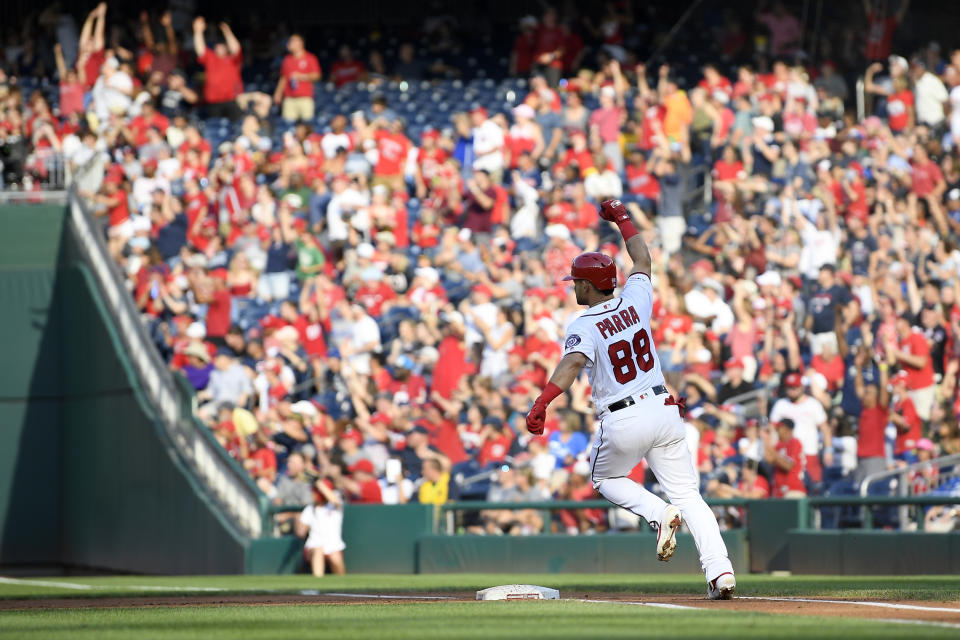 Washington Nationals' Gerardo Parra celebrates his grand slam as he prepares to round first during the second inning of a baseball game against the Cleveland Indians, Saturday, Sept. 28, 2019, in Washington. (AP Photo/Nick Wass)