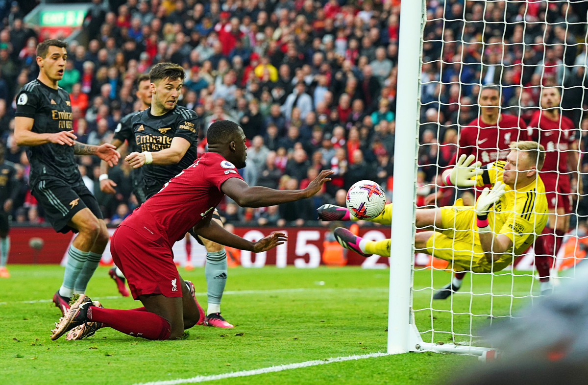 Aaron Ramsdale saves from Ibrahima Konate in the dying minutes (PA)