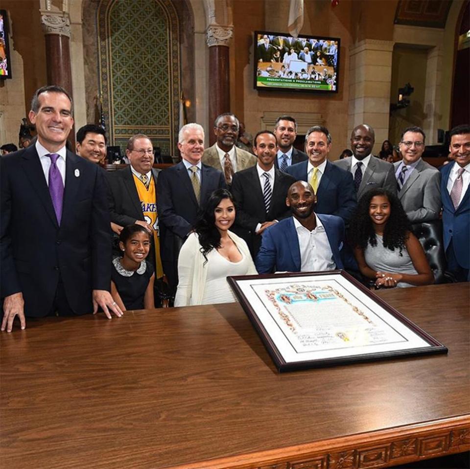 Vanessa and the girls were also by Kobe's side when the Los Angeles City Council honored him by creating <a href="https://www.instagram.com/p/BJgX6nohtxs/" rel="nofollow noopener" target="_blank" data-ylk="slk:Kobe Bryant Day;elm:context_link;itc:0;sec:content-canvas" class="link ">Kobe Bryant Day</a>, which takes place on Aug. 24 (a.k.a. 8/24, the two jersey numbers the star wore throughout his Lakers career).