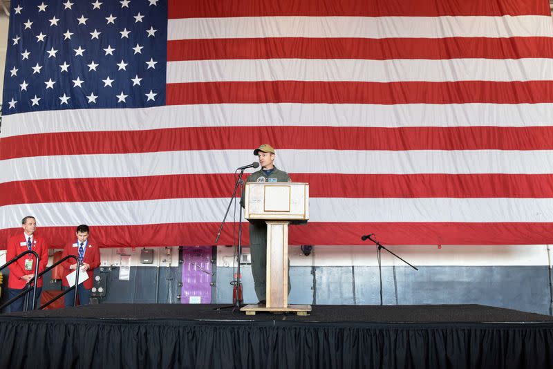 Captain Brett Crozier, commanding officer of the U.S. Navy aircraft carrier USS Theodore Roosevelt, speaks in San Diego