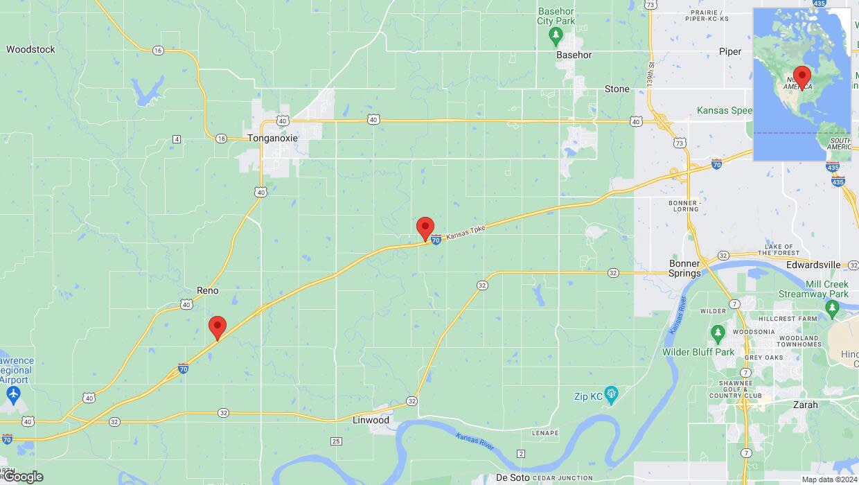 A detailed map that shows the affected road due to 'Traffic alert issued due to heavy rain conditions on westbound I-70 in Basehor' on May 6th at 10:27 p.m.