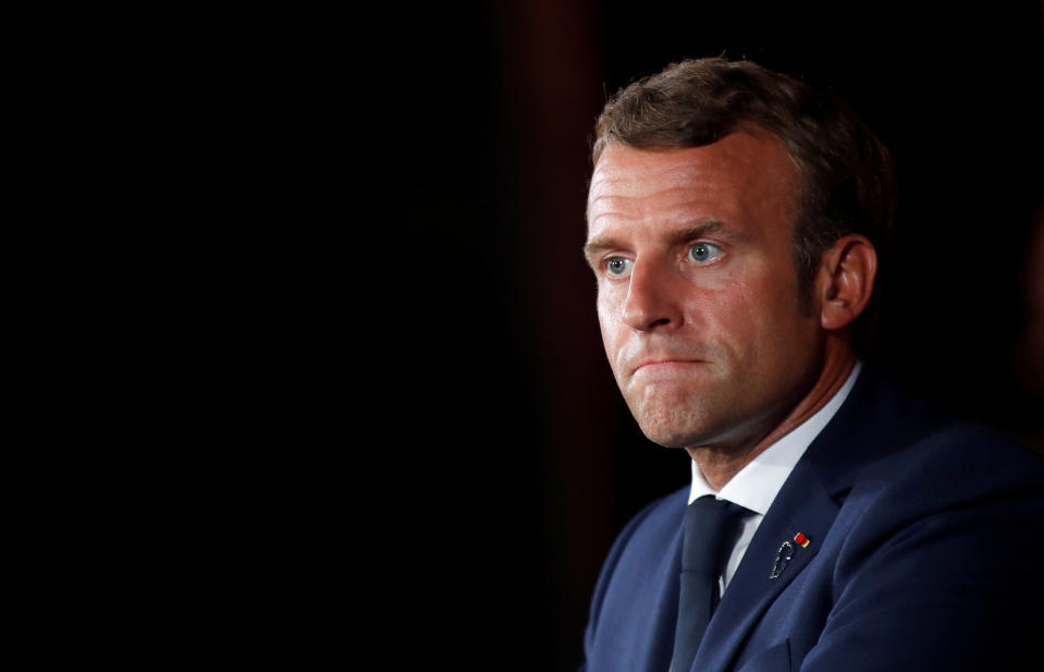 French President Emmanuel Macron looks on as he attends a news conference at the Pine Residence, the official residence of the French ambassador to Lebanon, in Beirut on September 1, 2020. (Photo by GONZALO FUENTES / POOL / AFP) (Photo by GONZALO FUENTES/POOL/AFP via Getty Images)