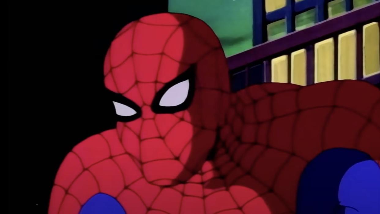  Spider-Man: The Animated Series' version of Spidey looking across a building. 