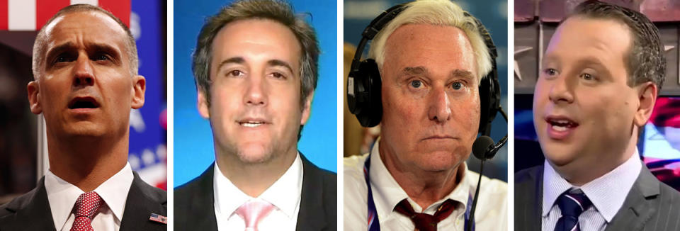 Corey Lewandowski, Michael Cohen, Roger Stone, and Sam Nunberg. (Photos: AP/ABC/Getty/You Tube)