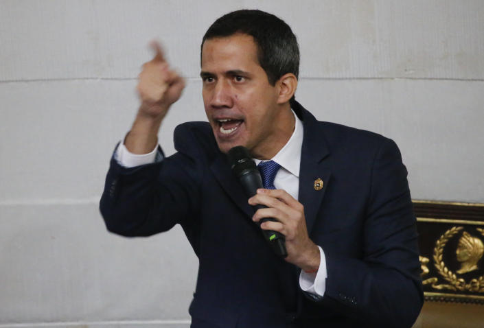 National Assembly President and self-proclaimed interim president of Venezuela Juan Guaido speaks during a legislative session in Caracas, Venezuela, Tuesday, Sept. 24, 2019. Socialist party lawmakers ended their two-year boycott of Venezuela’s legislature Tuesday, seeking to renew their influence in the last branch of federal government still controlled by the opposition amidst a lengthy power struggle. (AP Photo/Ariana Cubillos)