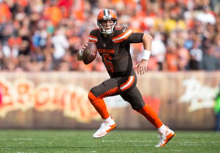 Oct 22, 2017; Cleveland, OH, USA; Cleveland Browns quarterback Cody Kessler (6) looks downfield for a receiver against the Tennessee Titans during the fourth quarter at FirstEnergy Stadium. Mandatory Credit: Scott R. Galvin-USA TODAY Sports