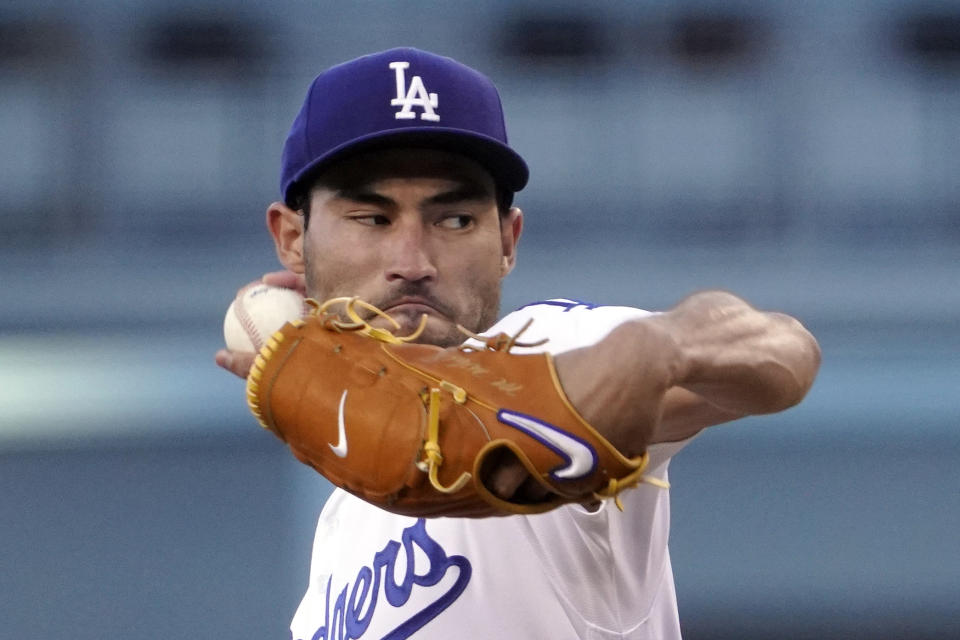 Los Angeles Dodgers starting pitcher Mitch White throws to the plate during the first inning of a baseball game against the Washington Nationals Tuesday, July 26, 2022, in Los Angeles. (AP Photo/Mark J. Terrill)