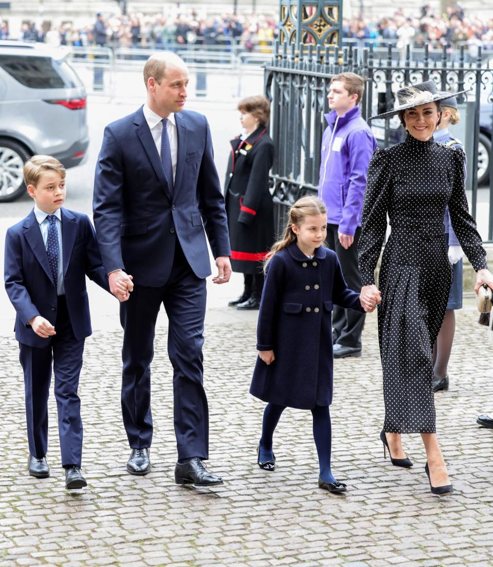 The Duke and Duchess of Cambridge and their two eldest children, Prince George and Princess Charlotte, at Prince Philip's memorial service (Photo via Getty)