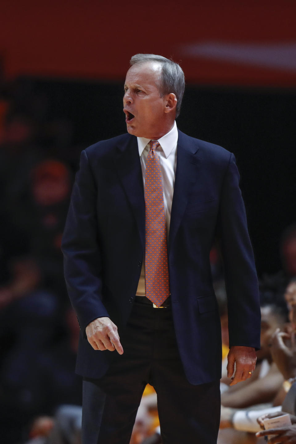 Tennessee head coach Rick Barnes yells to his players during the first half of an NCAA college basketball game against Jacksonville State Saturday, Dec. 21, 2019, in Knoxville, Tenn. (AP Photo/Wade Payne)